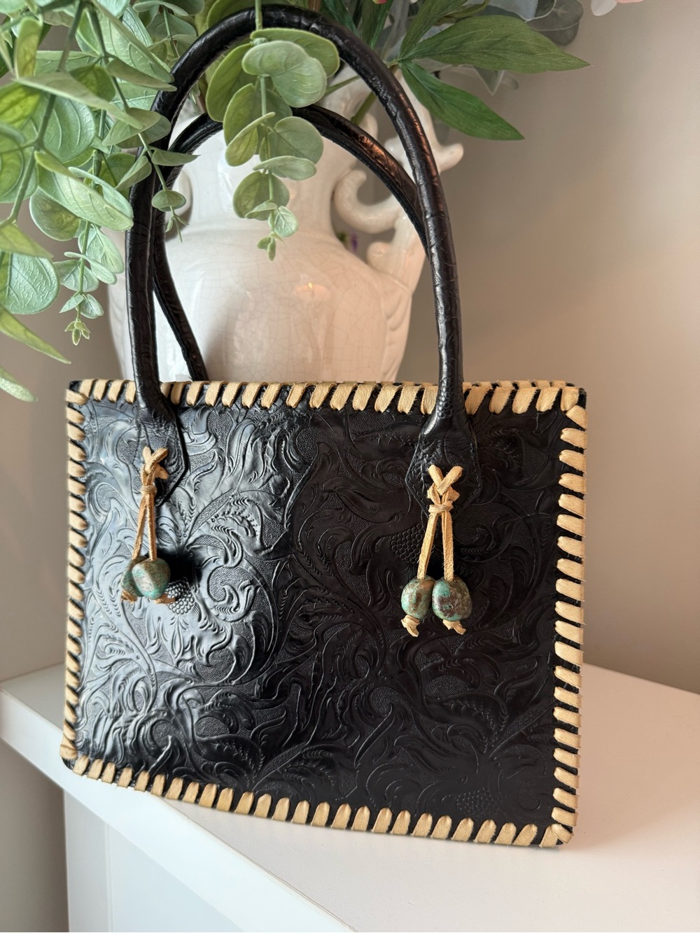 Vintage Barse Black Tooled Leather Tote with Cream Whipstitch Trim and turquoise